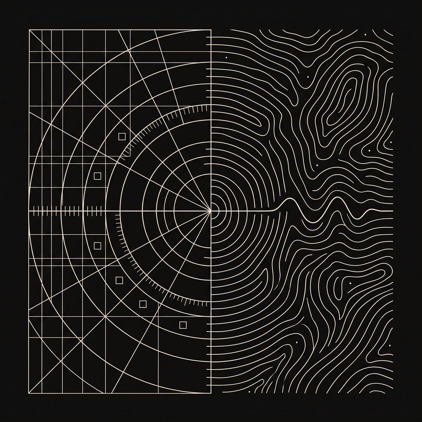 Geometric artwork: precise machine calibration lines on the left dissolving into organic human contour lines on the right